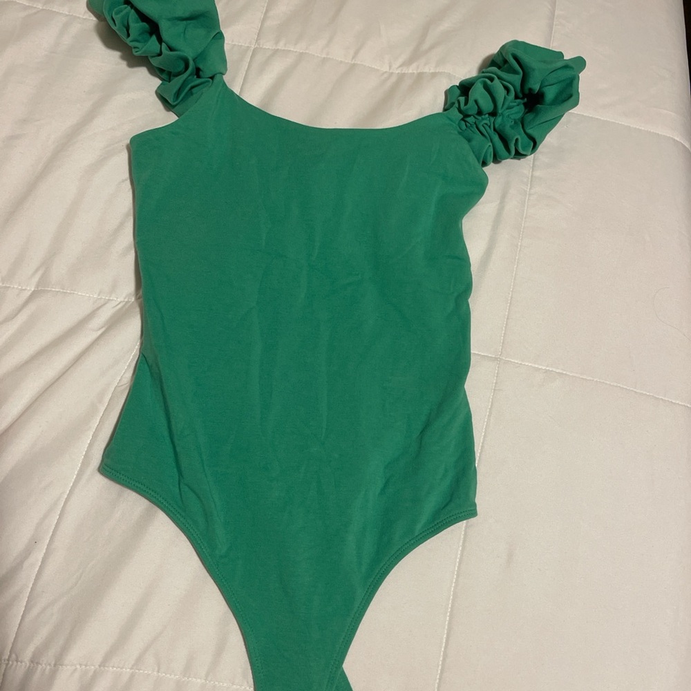 Express women’s Bodysuit in Vibrant Green with Ruffled Shoulders